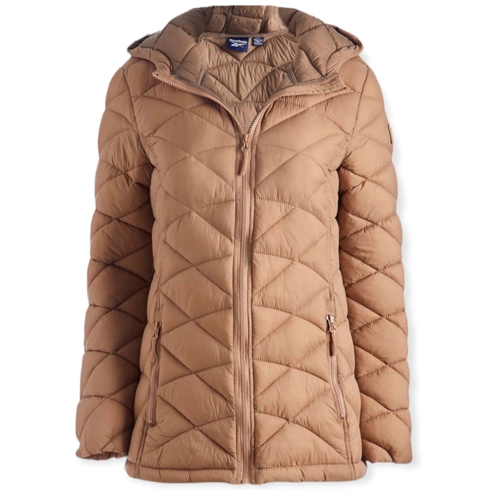 REEBOK Puffer Coat Toffee Glacier Shield Hooded Quilted Lightweight Packable